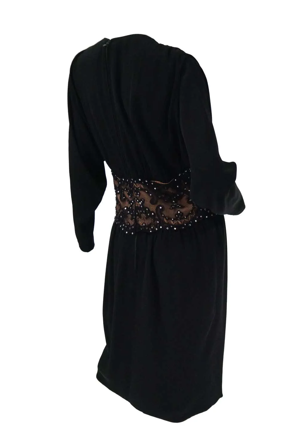 1990s Bob Mackie Black Silk, Lace and Rhinestone Cocktail Dress