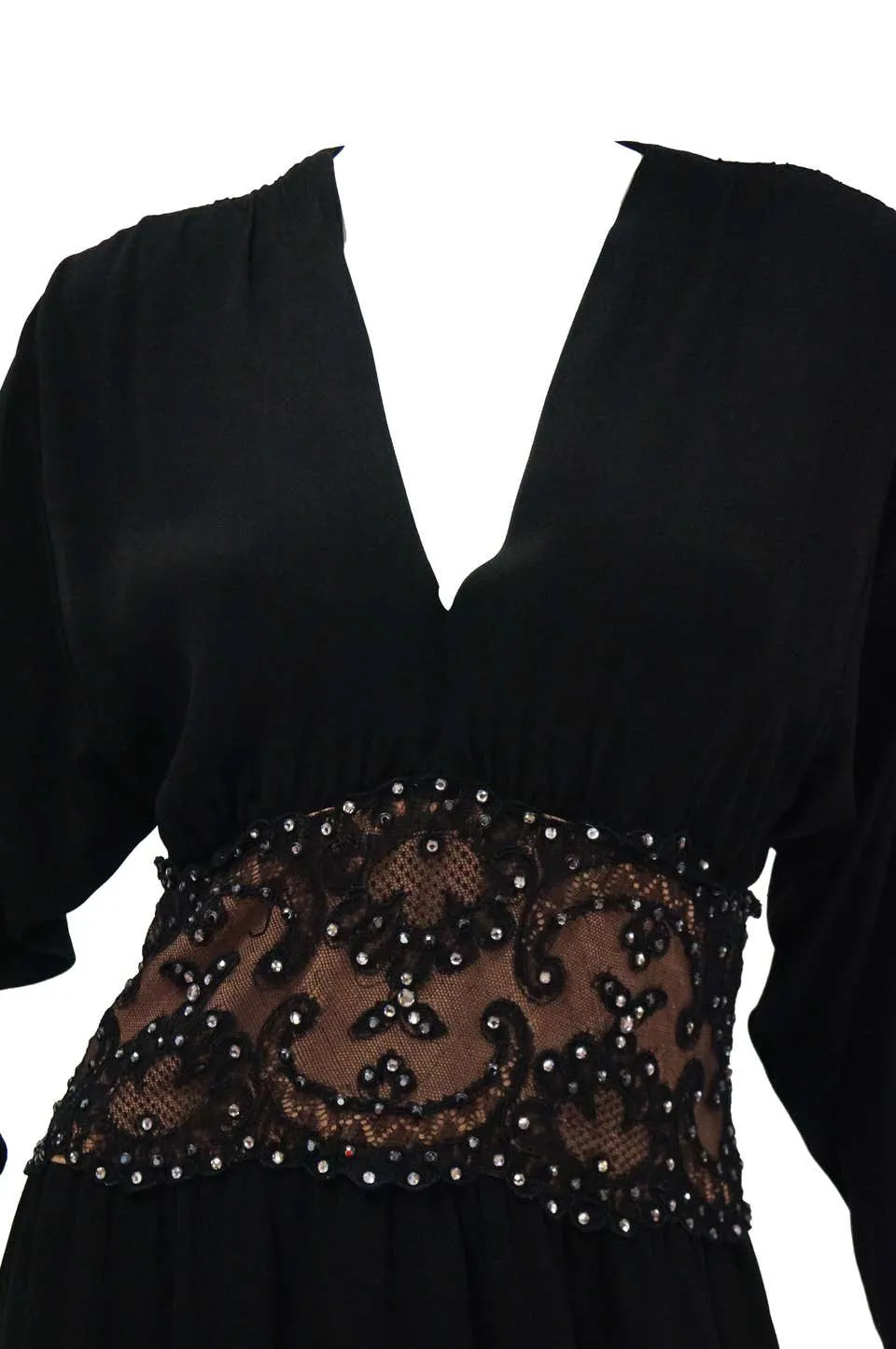 1990s Bob Mackie Black Silk, Lace and Rhinestone Cocktail Dress