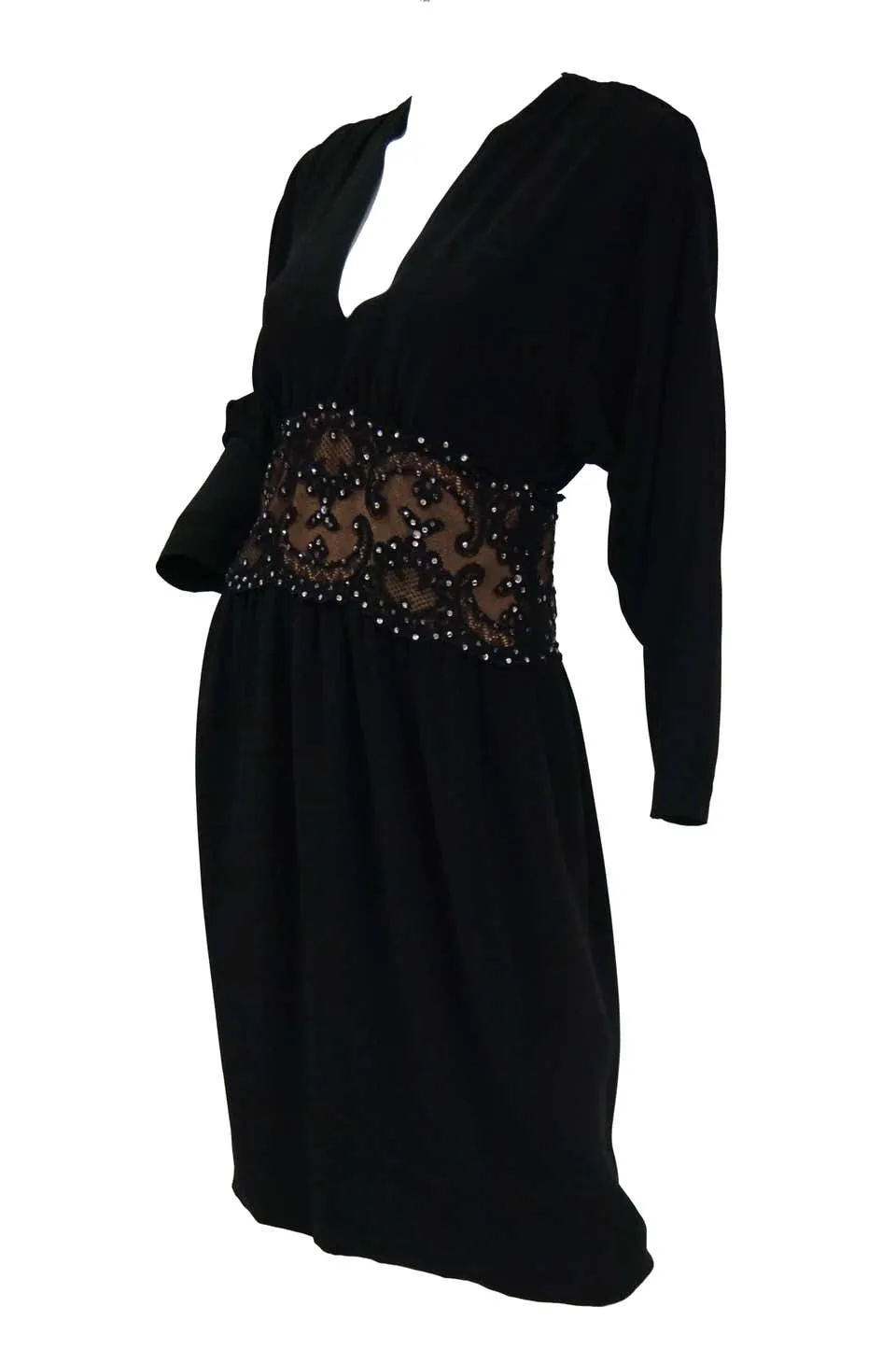 1990s Bob Mackie Black Silk, Lace and Rhinestone Cocktail Dress