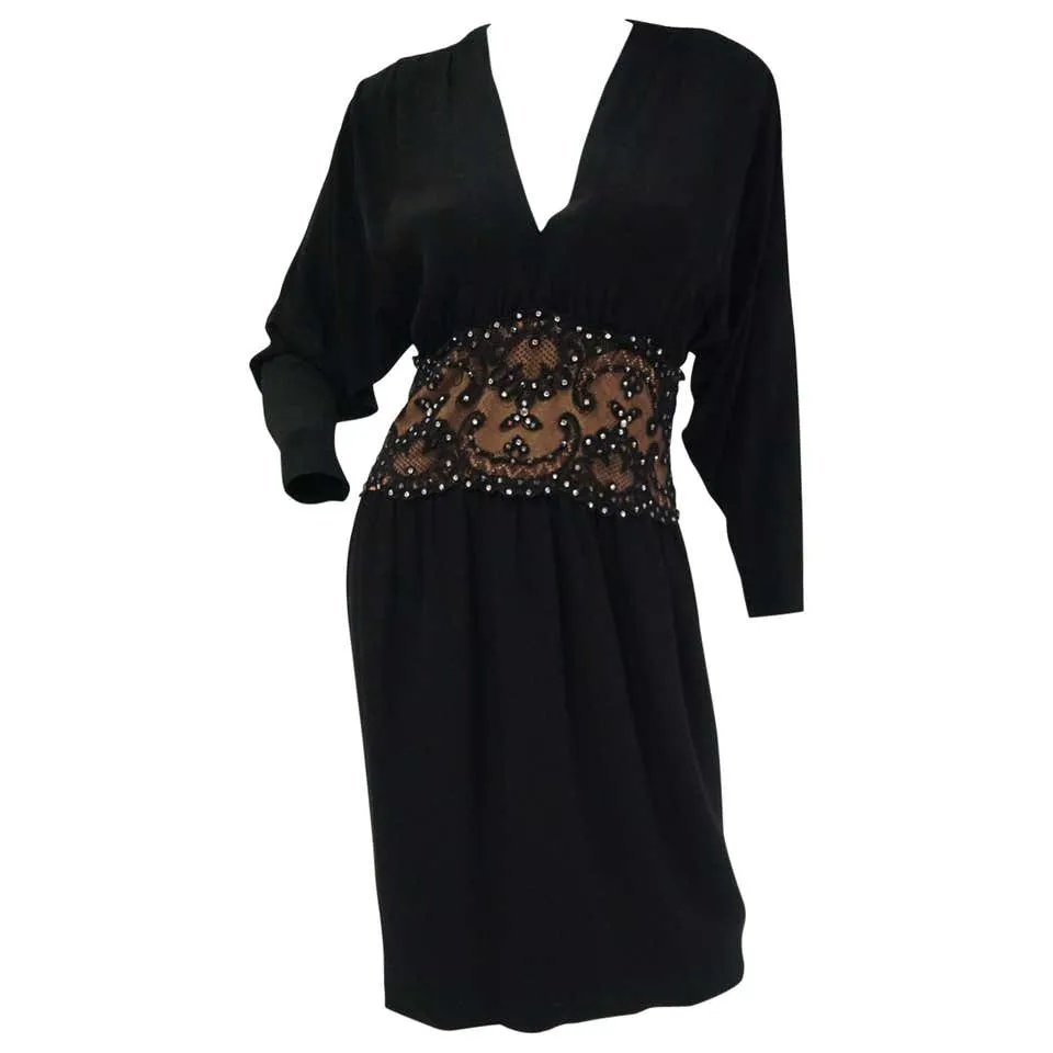 1990s Bob Mackie Black Silk, Lace and Rhinestone Cocktail Dress