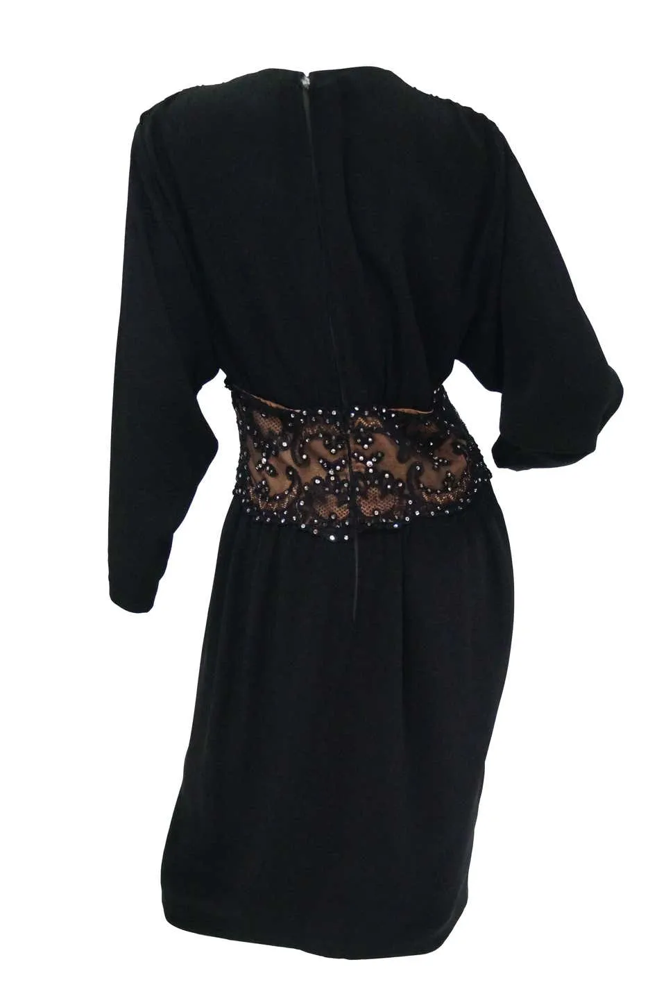 1990s Bob Mackie Black Silk, Lace and Rhinestone Cocktail Dress