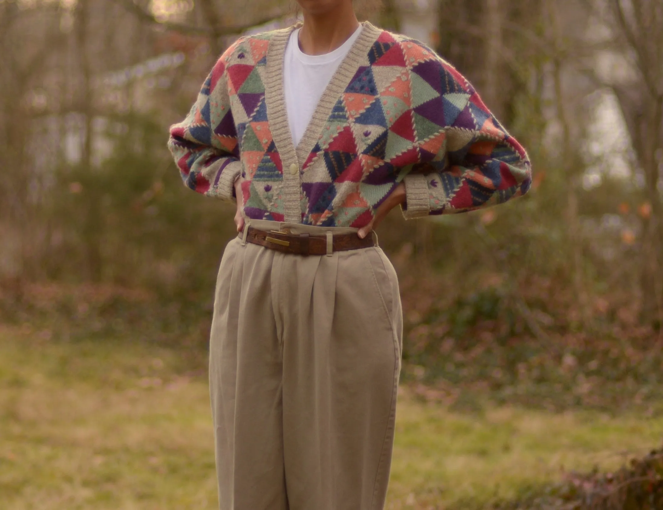 80s wool geometric and floral embroidered cardigan