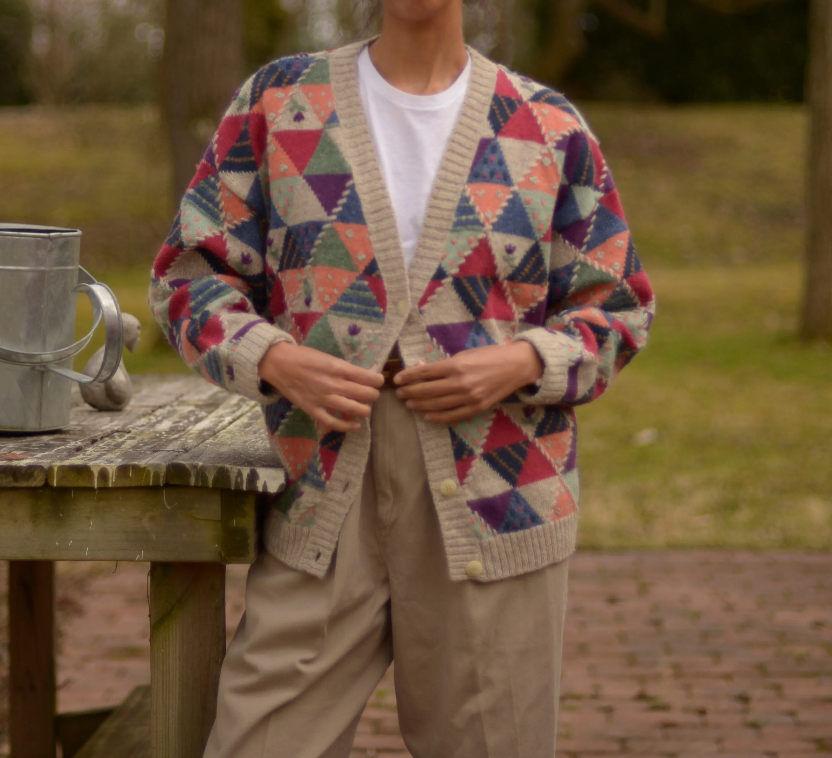 80s wool geometric and floral embroidered cardigan