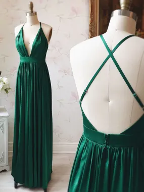 A Line V Neck Backless Pleated Emerald Green Long Prom, V Neck Backless Emerald Green Formal Graduation Evening