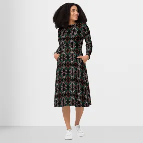 Abstract Art Dress, All-Over Print Long Sleeve Butterfly Midi Dress