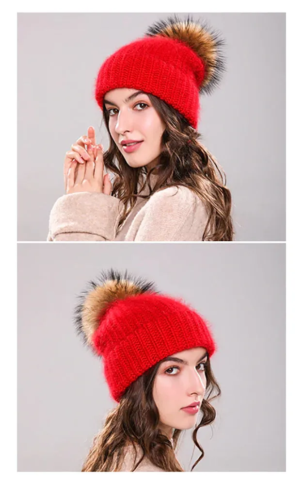 AHR3 Rich Angora Wool Real Raccoon Fur Pom Pom Hat