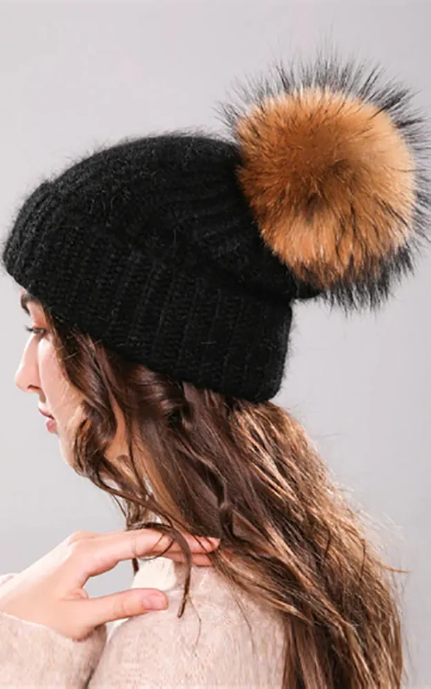 AHR3 Rich Angora Wool Real Raccoon Fur Pom Pom Hat