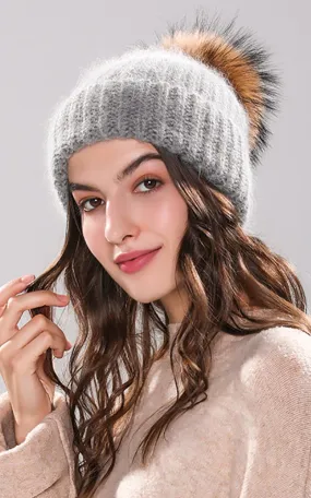 AHR3 Rich Angora Wool Real Raccoon Fur Pom Pom Hat