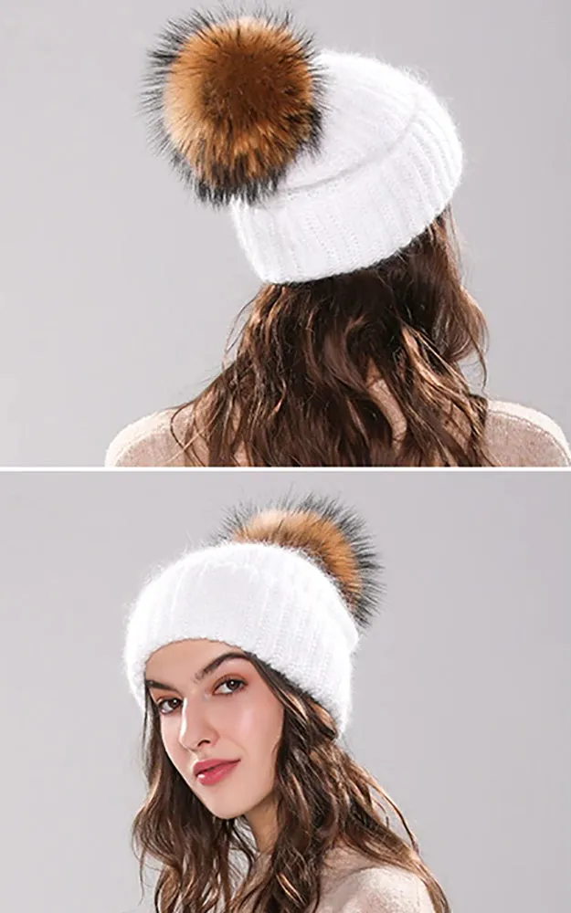 AHR3 Rich Angora Wool Real Raccoon Fur Pom Pom Hat