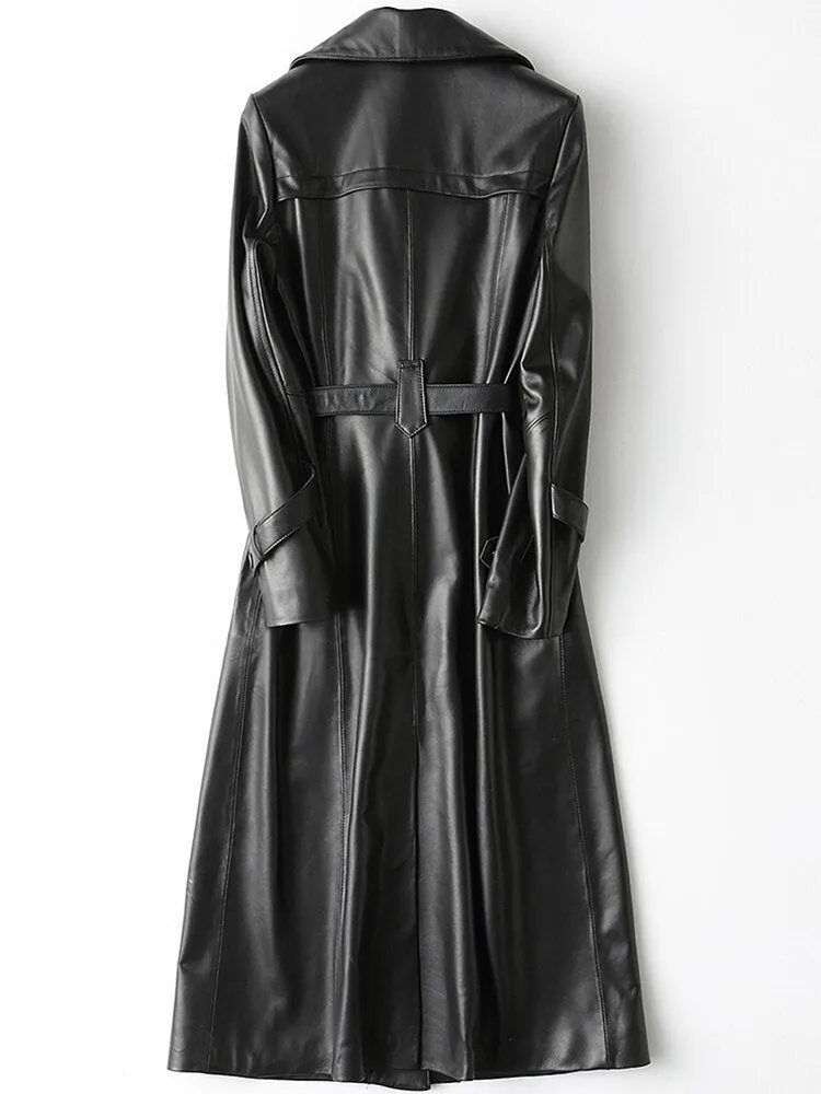 Autumn Long Long Black Pu Leather Trench Coat for Women