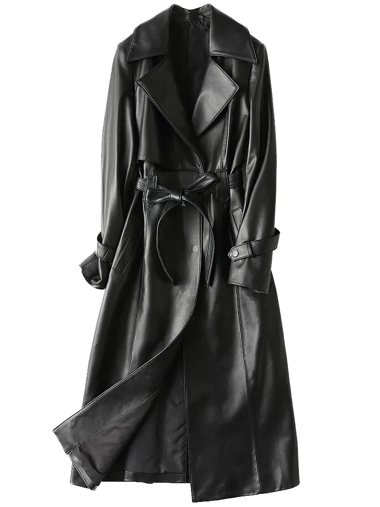 Autumn Long Long Black Pu Leather Trench Coat for Women