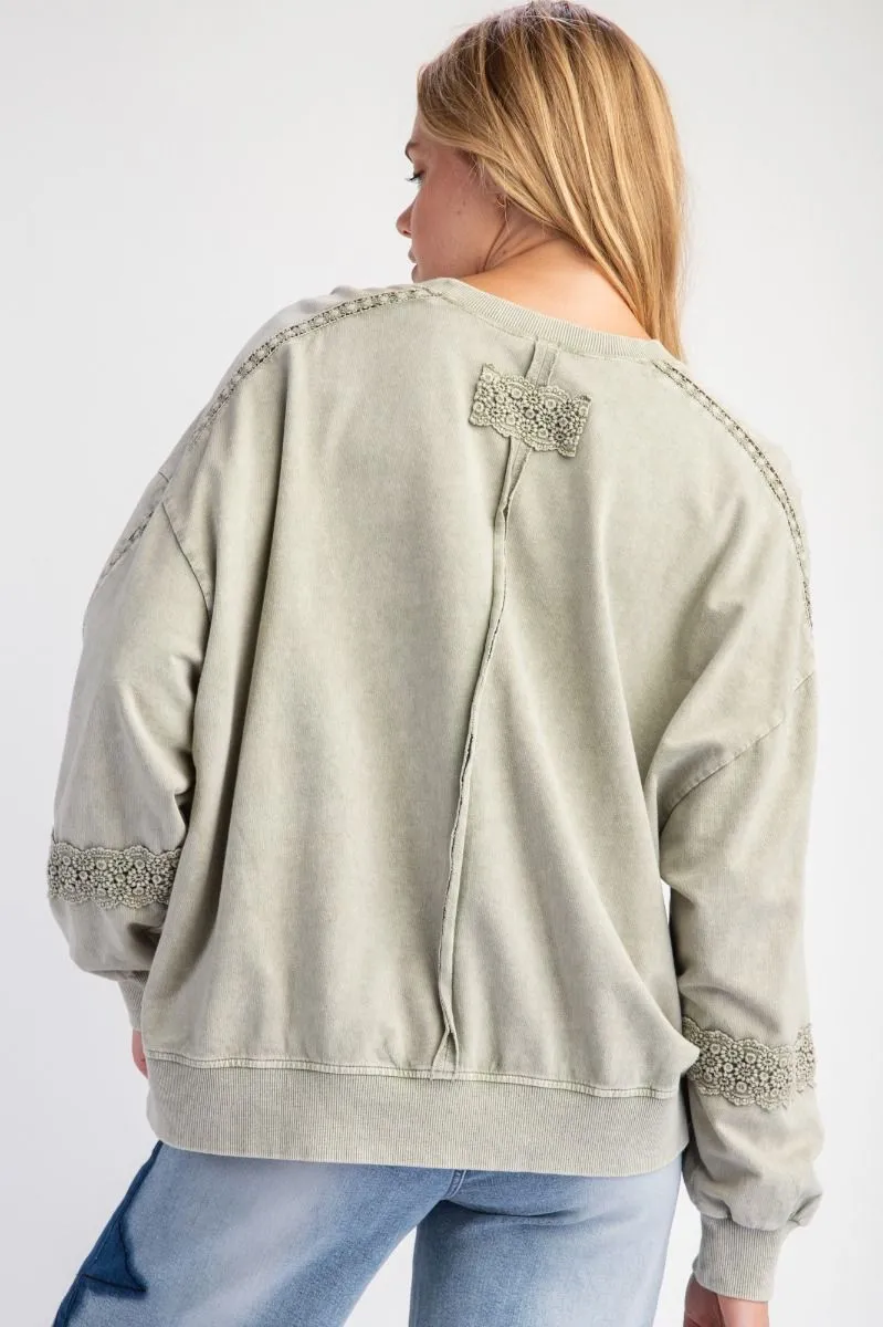 Ava Lace Trim Pullover - Dusty Sage