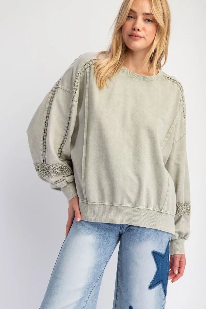 Ava Lace Trim Pullover - Dusty Sage