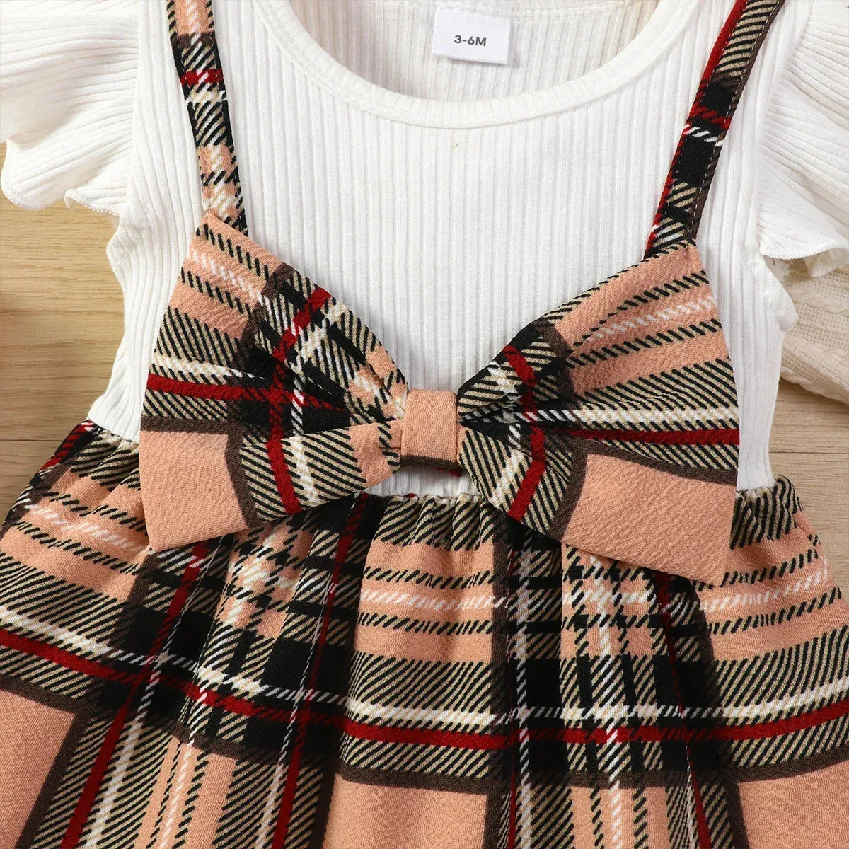 Baby Girl 95% Cotton Ribbed Flutter-sleeve Splicing Plaid Bowknot Dress with Headband Set Soft and Comfortable 2pcs