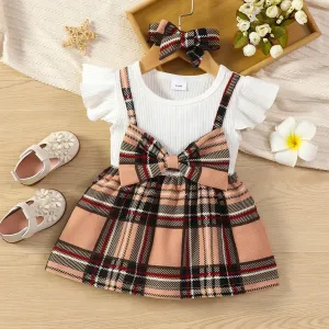 Baby Girl 95% Cotton Ribbed Flutter-sleeve Splicing Plaid Bowknot Dress with Headband Set Soft and Comfortable 2pcs