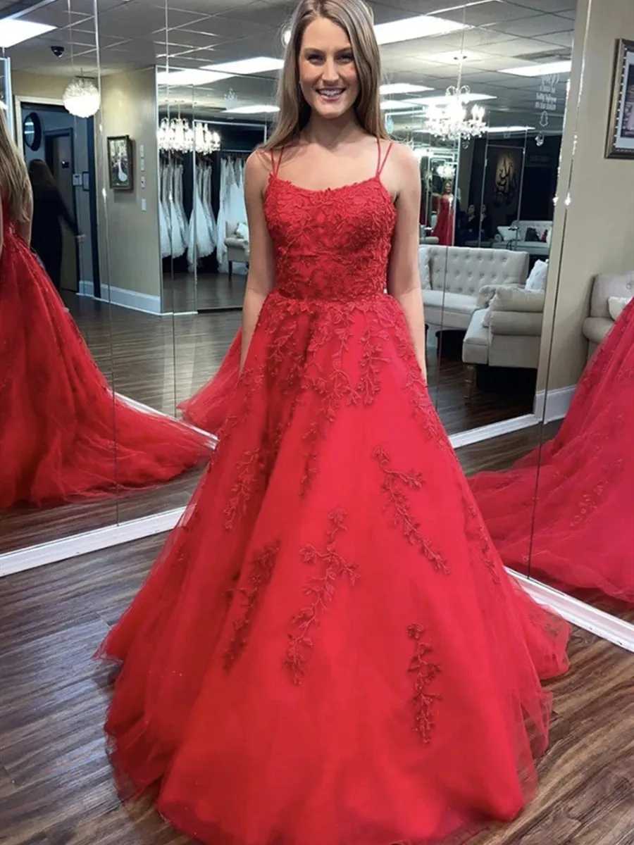 Backless Red Lace Long Prom Dresses, Red Lace Formal Dresses, Red Evening Dresses, Ball