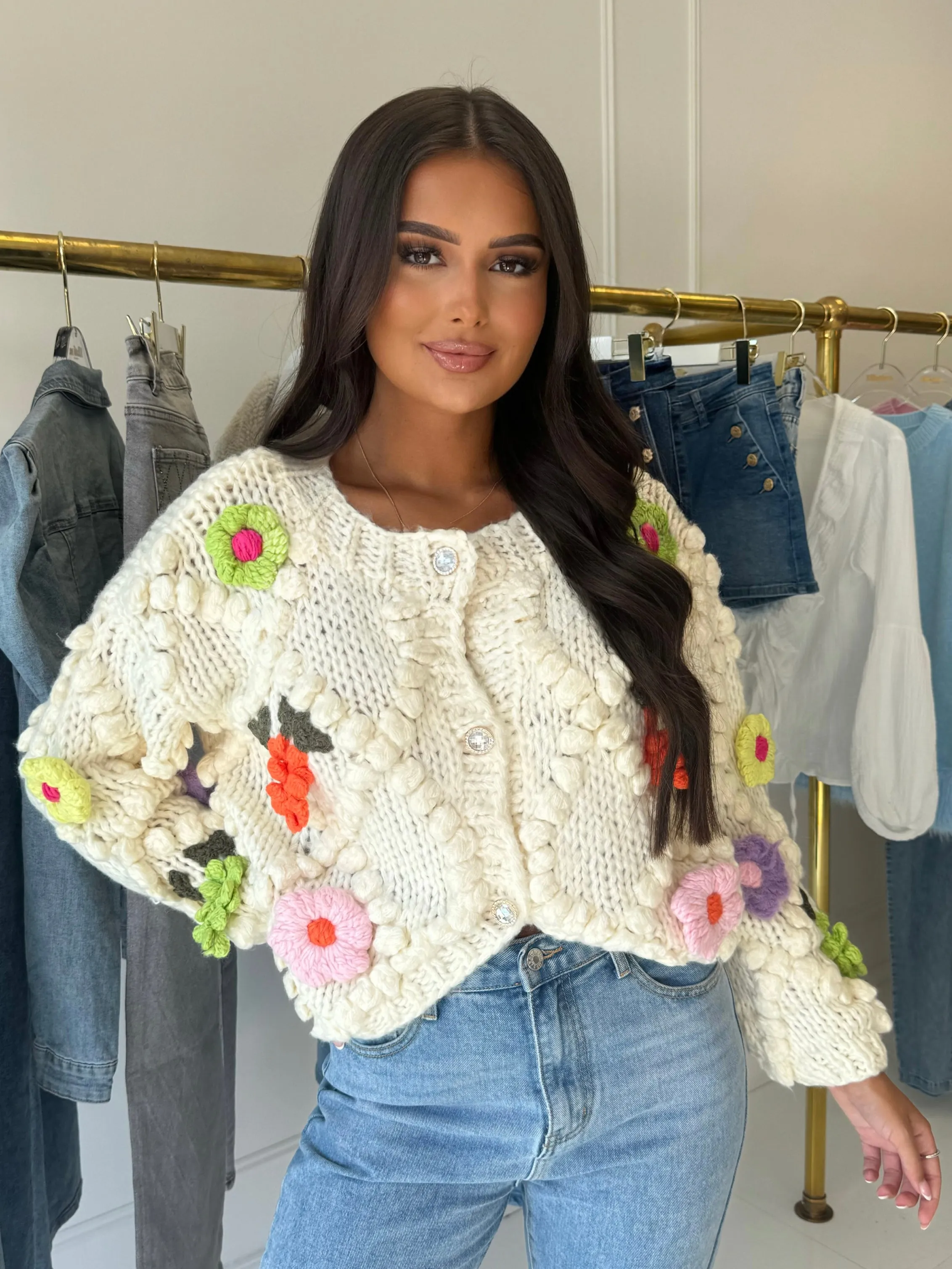 Bella cream flower chunky knit cardigan