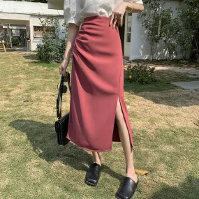 Belly-Covering High-Waisted Pleated Midi Pencil Skirt