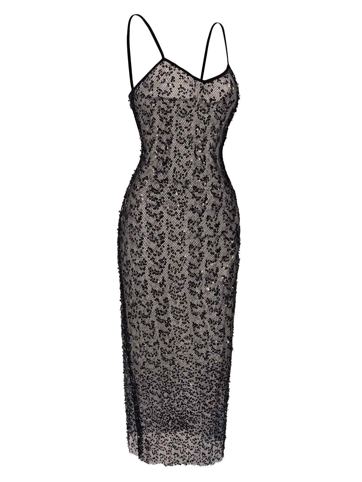 Black 1960s Sequined Spaghetti Straps Dress