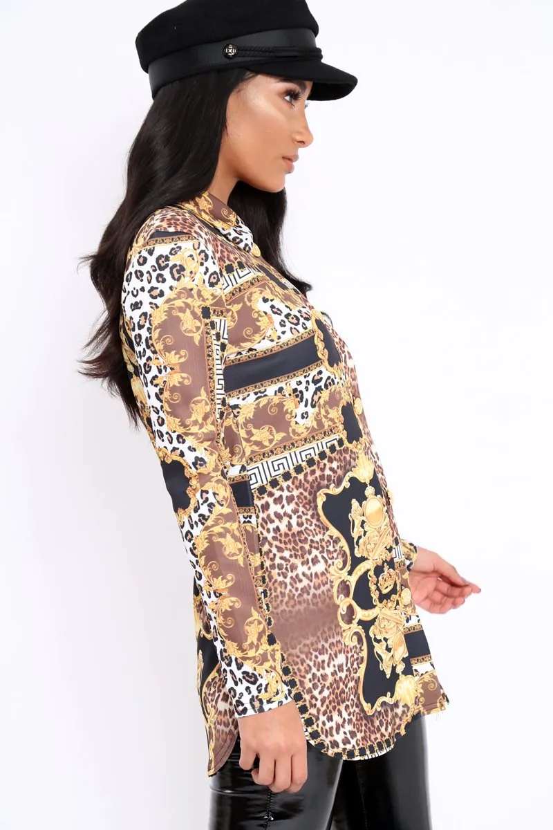 Black and Gold Scarf Print Button Front Shirt Dress - Nyanna