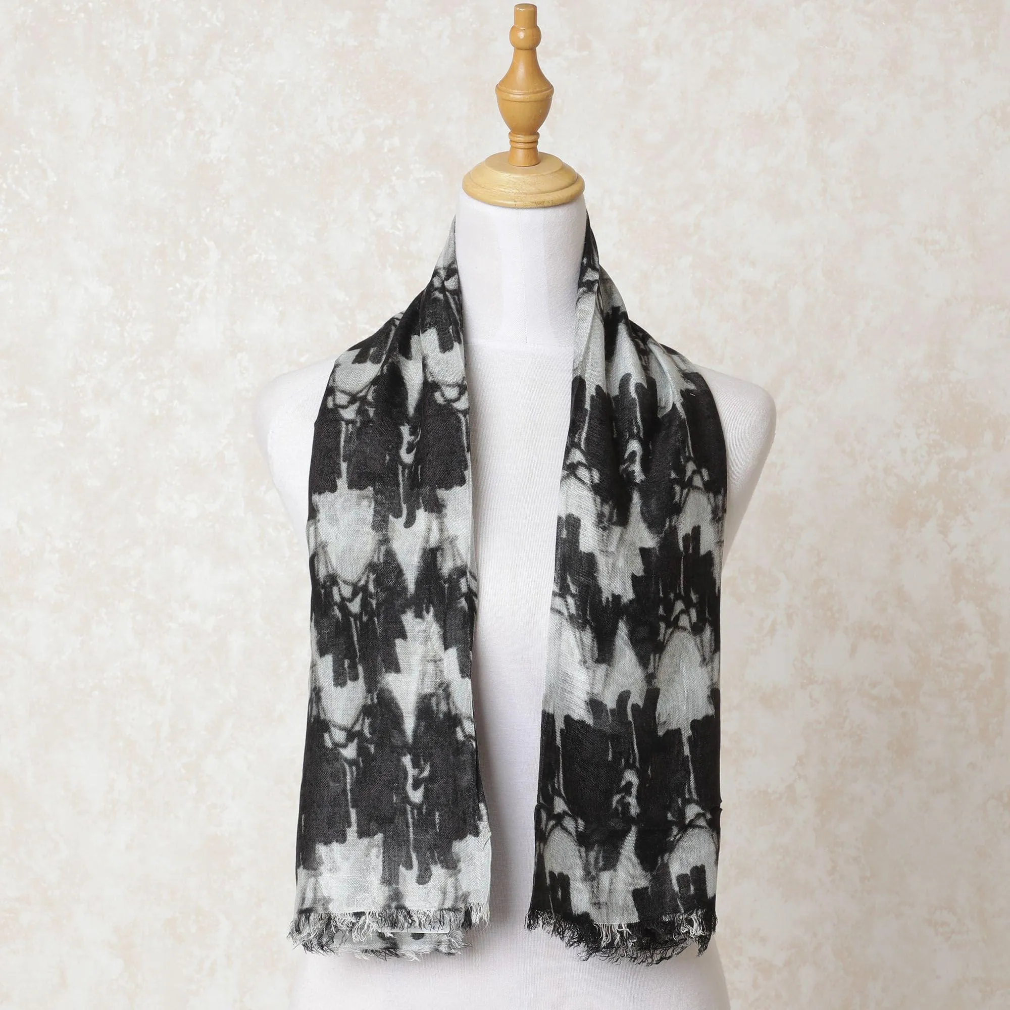 Black poly cotton scarf with cloud grey print in abstract design-D10701