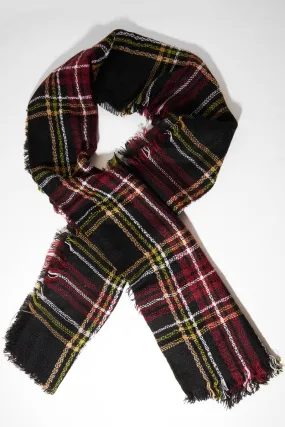 Black Red Tartan Fringe Hem Scarf - Liany