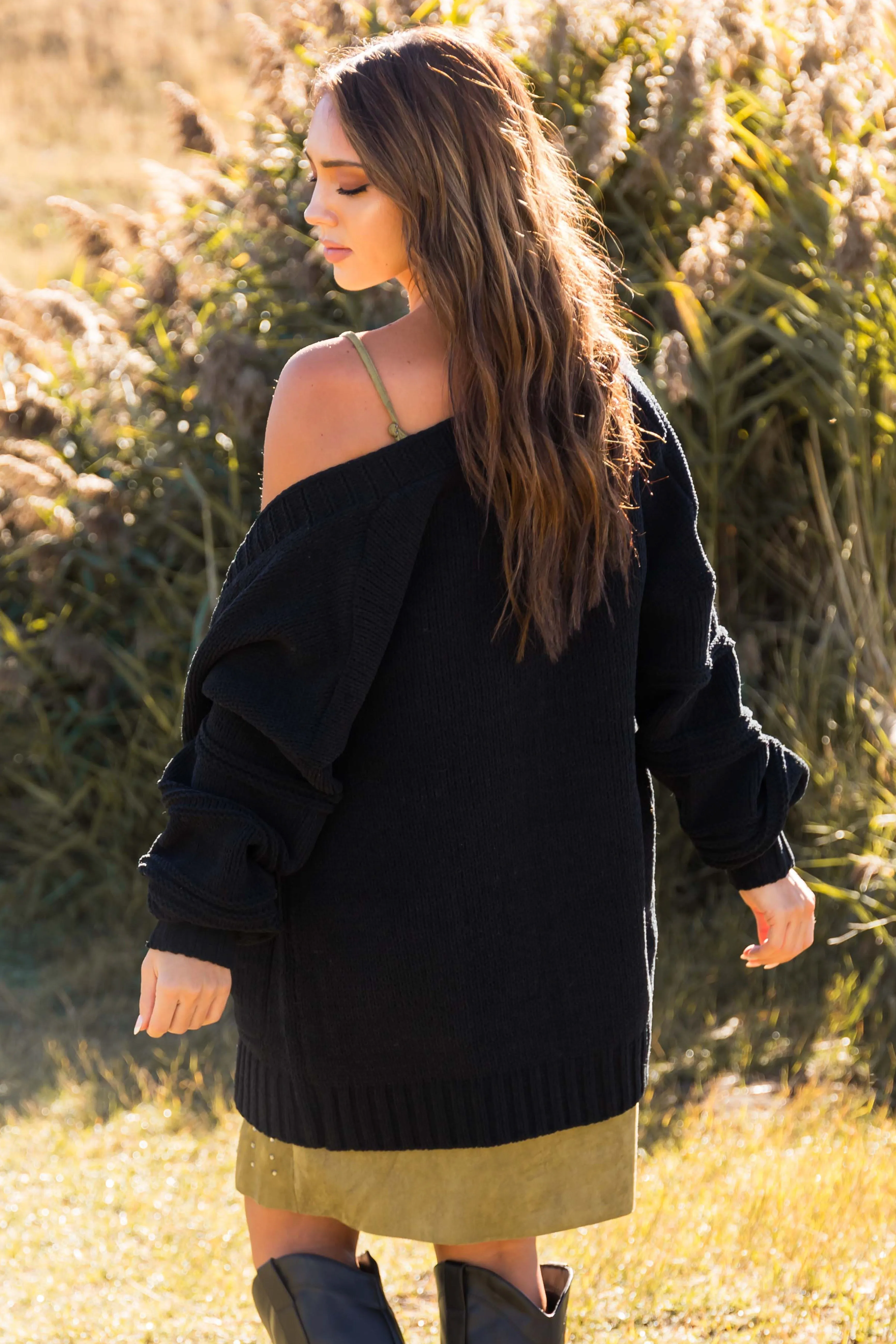 Black Textured Sleeve Open Chenille Cardigan