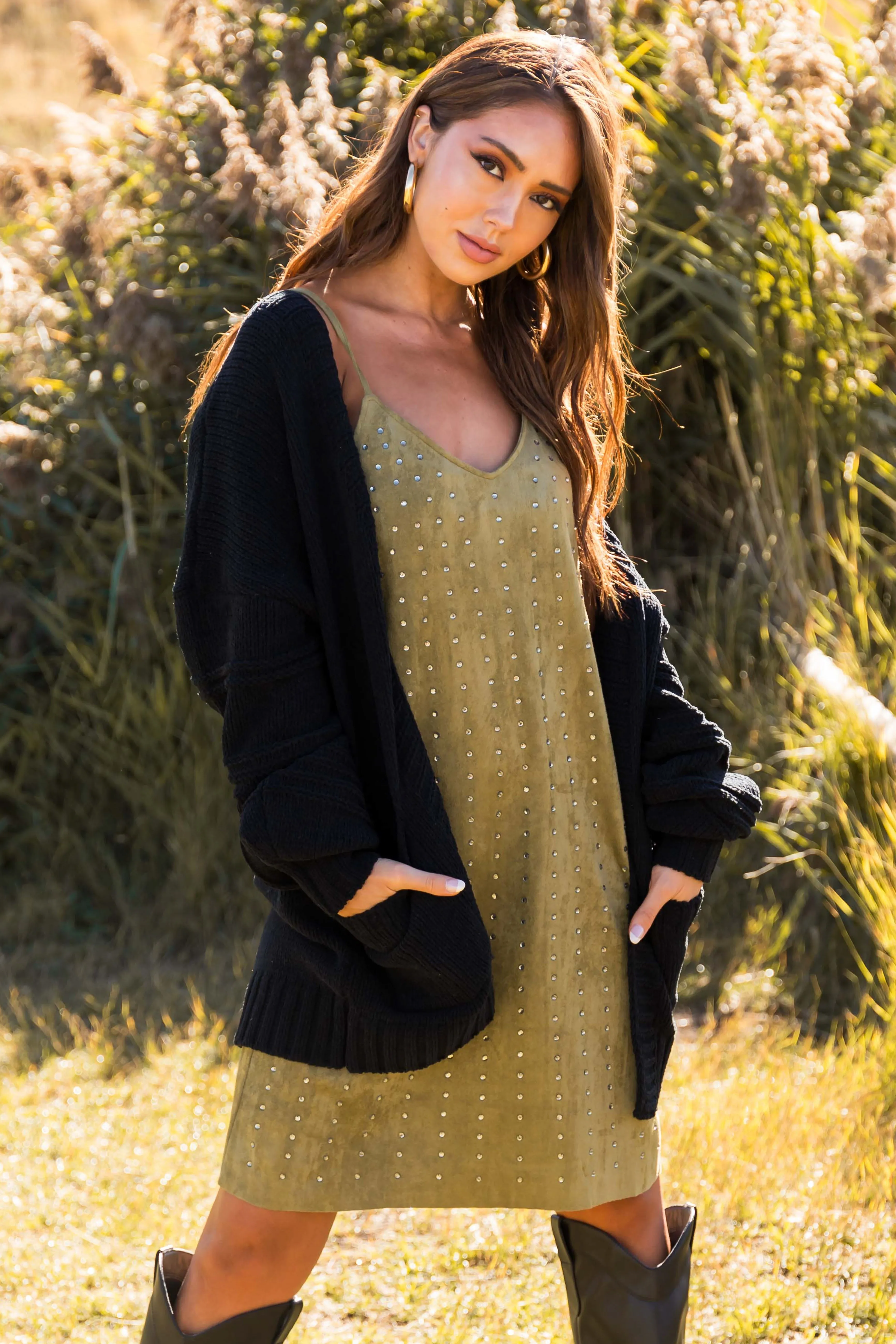 Black Textured Sleeve Open Chenille Cardigan