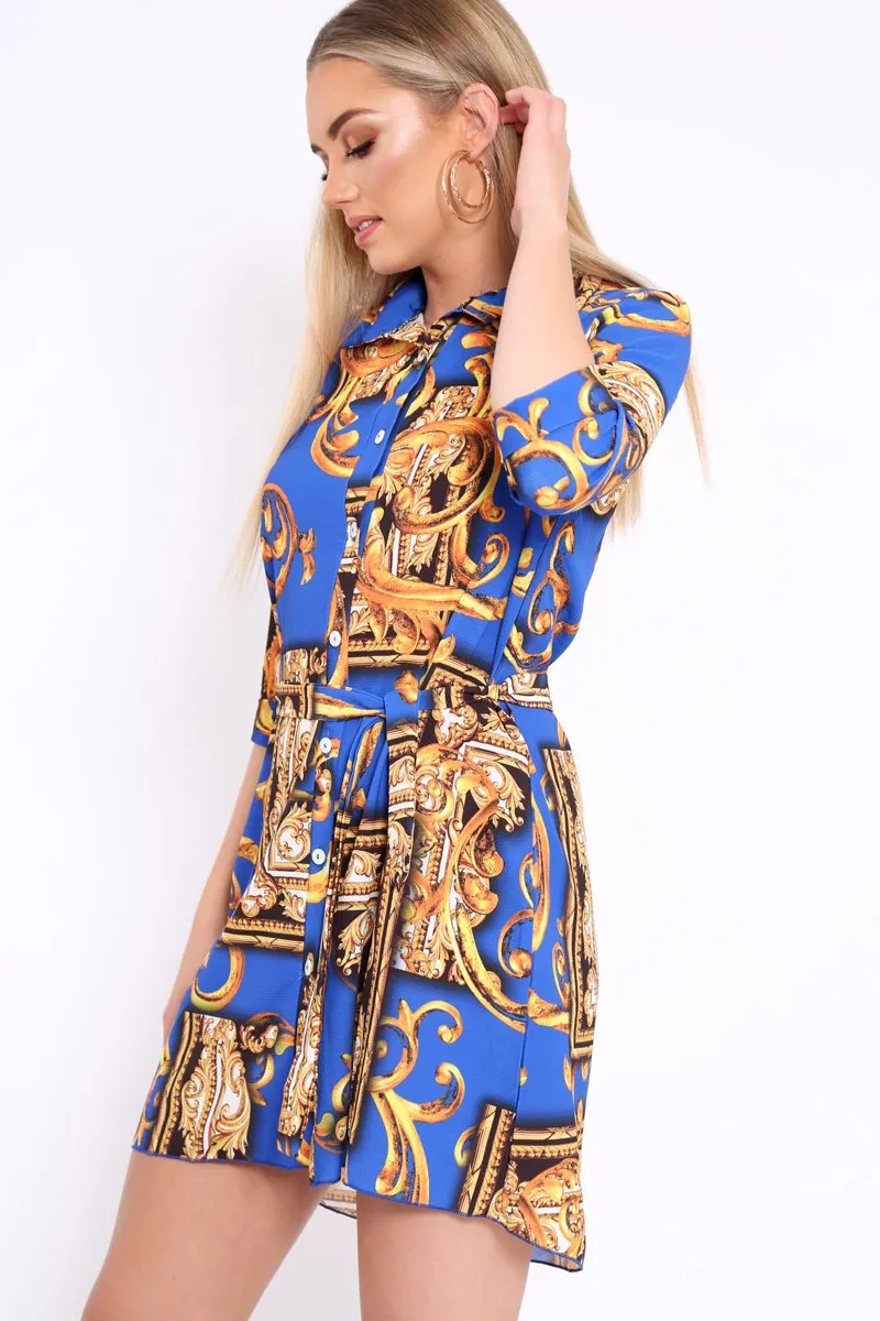 Blue Scarf Print Shirt Dress - Kyah