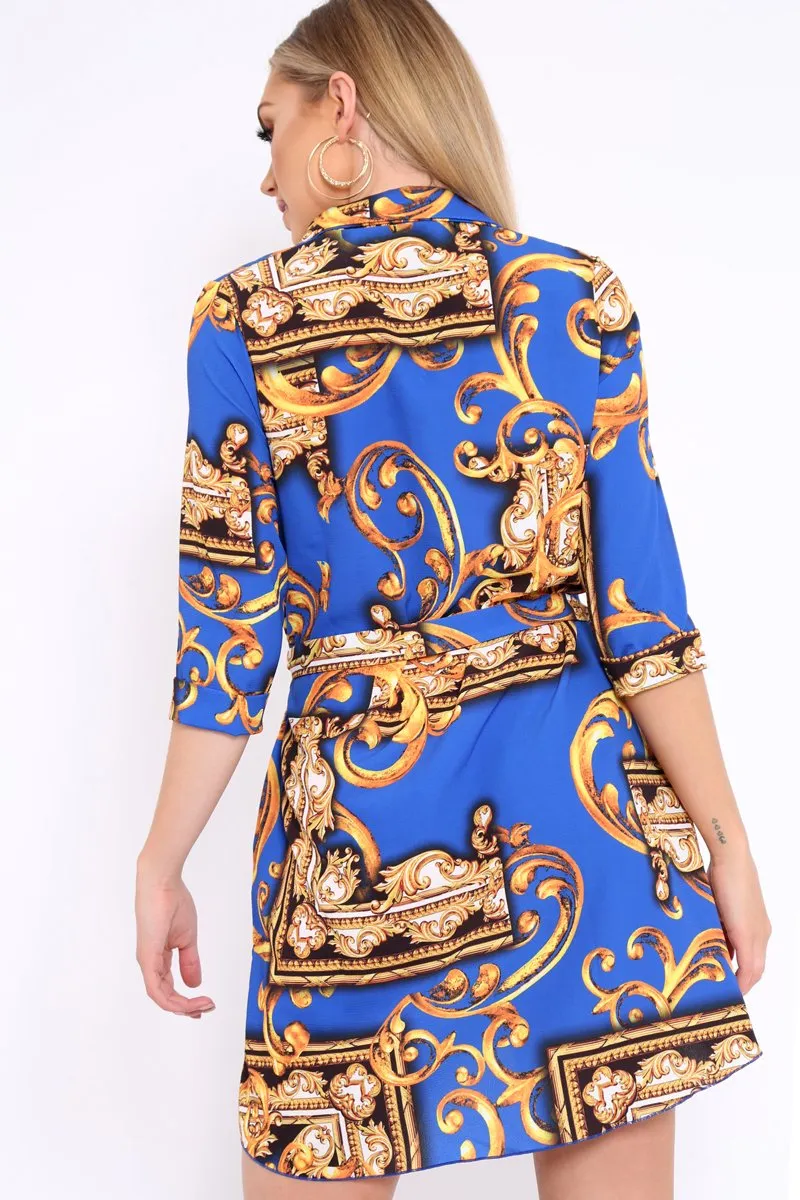 Blue Scarf Print Shirt Dress - Kyah