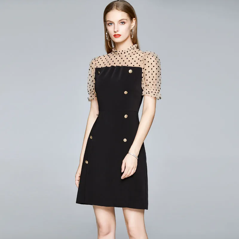 Bodycon Dress Women Stitching Polka Dot Mesh