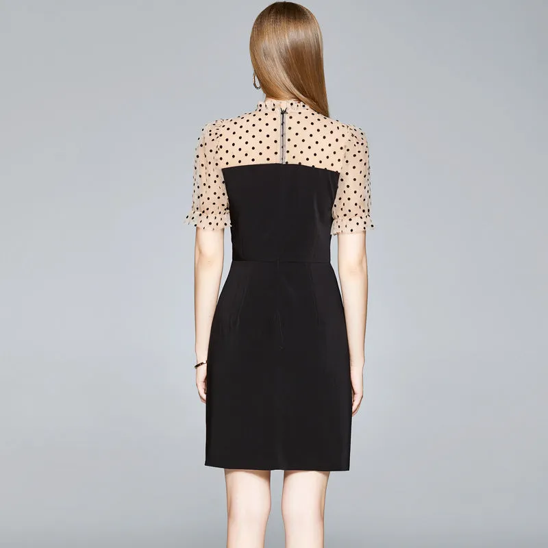 Bodycon Dress Women Stitching Polka Dot Mesh