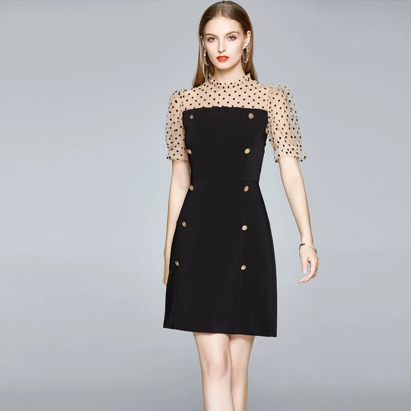 Bodycon Dress Women Stitching Polka Dot Mesh