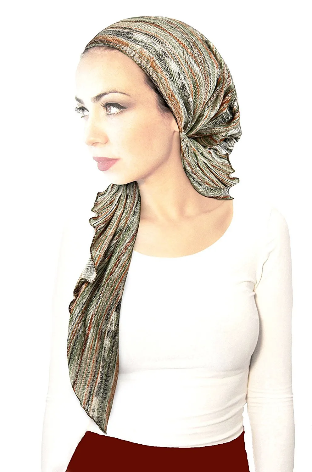 Boho Chic Pre-tied Head-Scarf Tichel Textured Breathable Knit Collection ShariRose (Brown orange green textured knit long - 405)