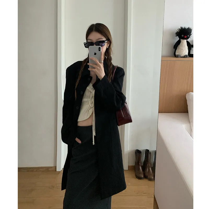 Bonnyshow semi formal men outfit 2024 Autumn New Lazy Style Retro Suit Jacket Women's High-Grade Mid-Length Top Loose Long Sleeve Trench Coat