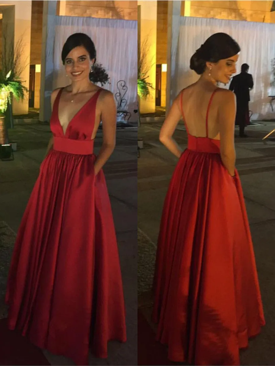 Burgundy A Line Deep V Neck Backless Satin Long Prom, Burgundy Formal, Burgundy Bridesmaid