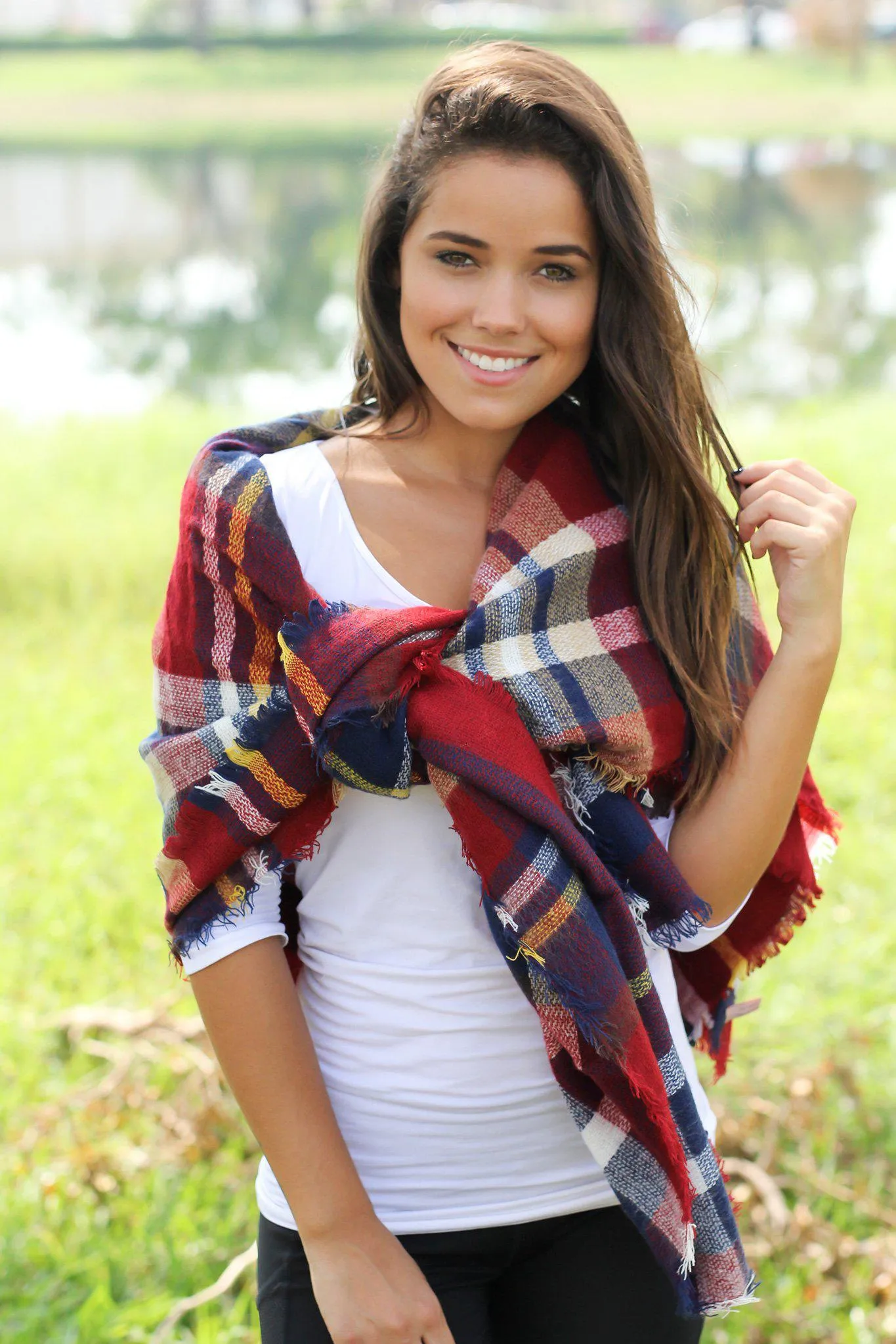 Burgundy Plaid Frayed Blanket Scarf