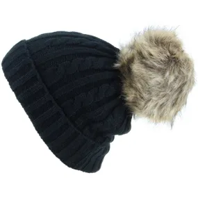 Cable Knit Beanie Hat with Faux Fur Bobble - Black