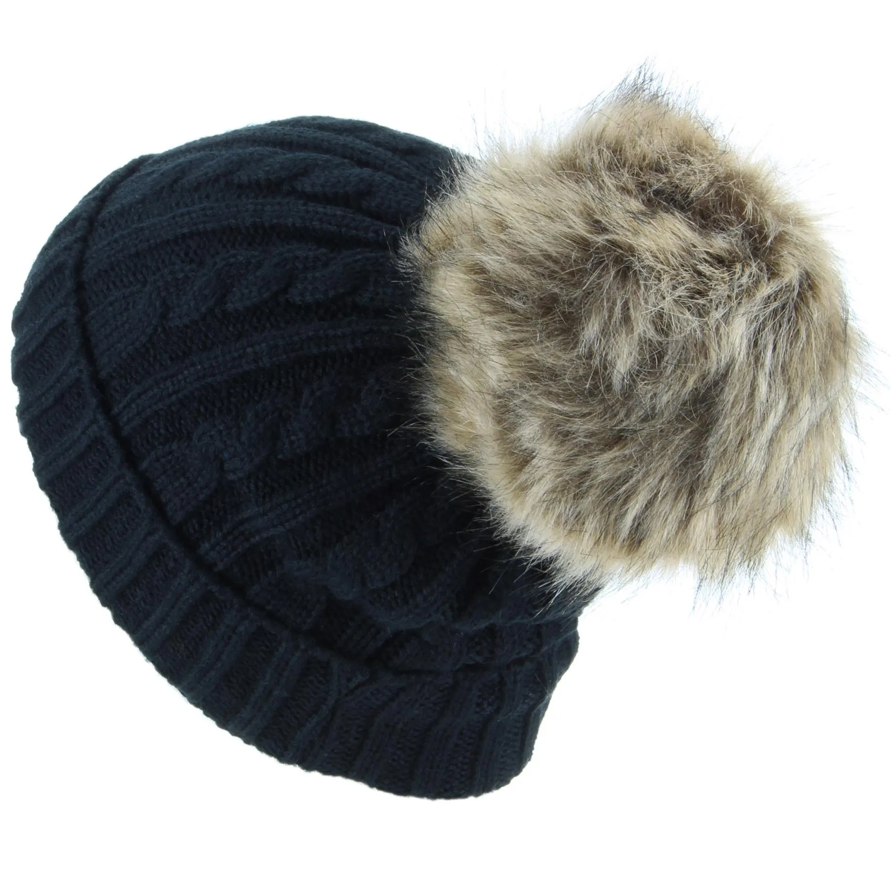 Cable Knit Beanie Hat with Faux Fur Bobble - Black