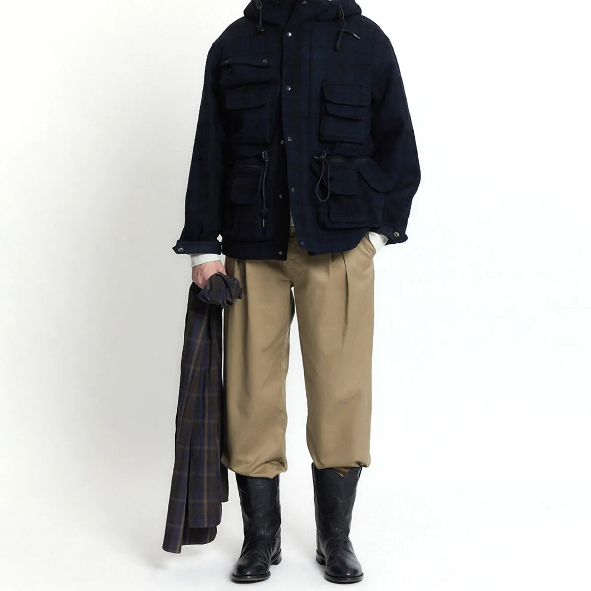 CAMERAMAN FULL ZIP WOOL JUMPER JACKET  - NAVY/BLACK CHECK