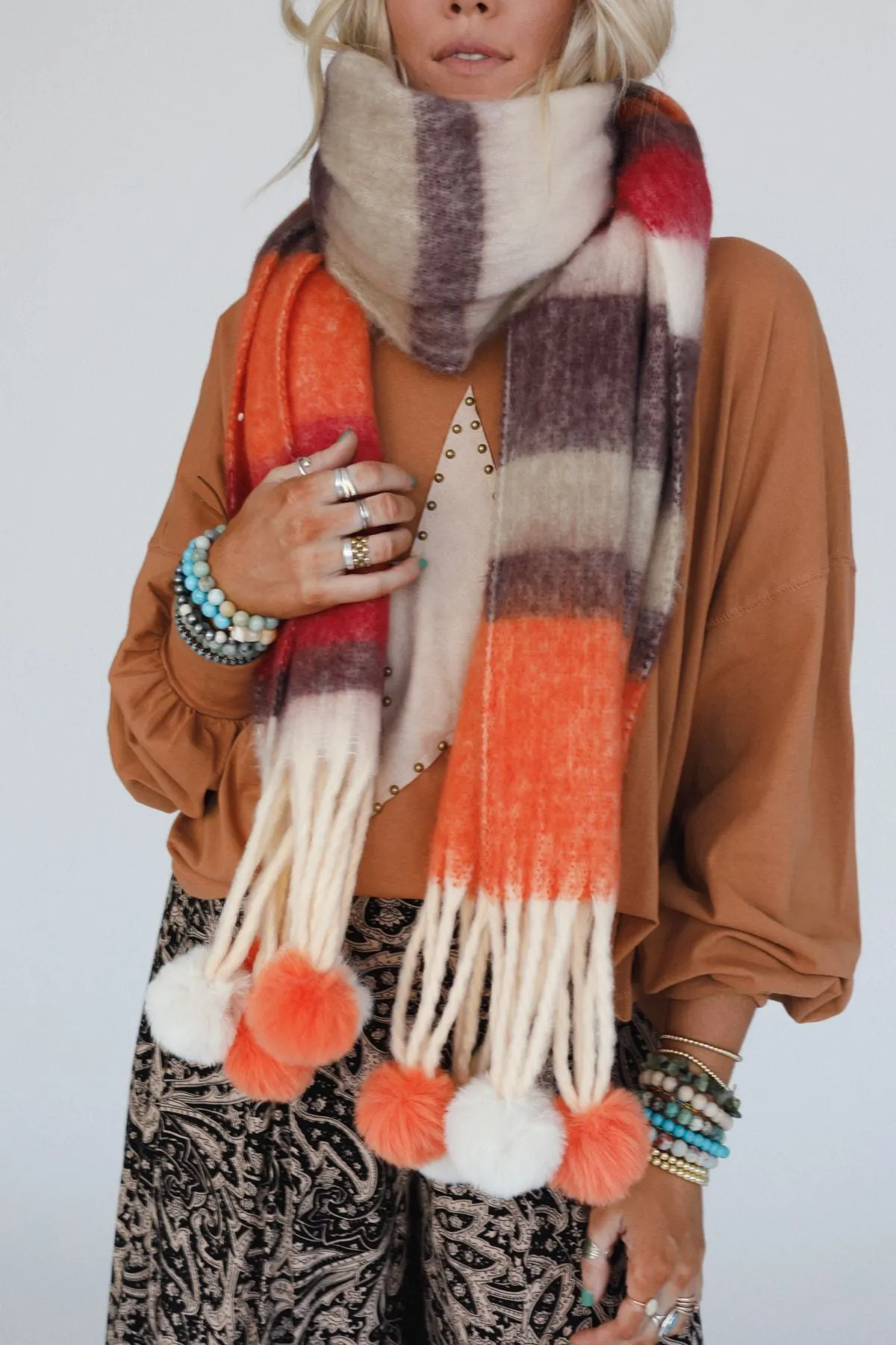 Chill Stripe Pom Scarf - Orange