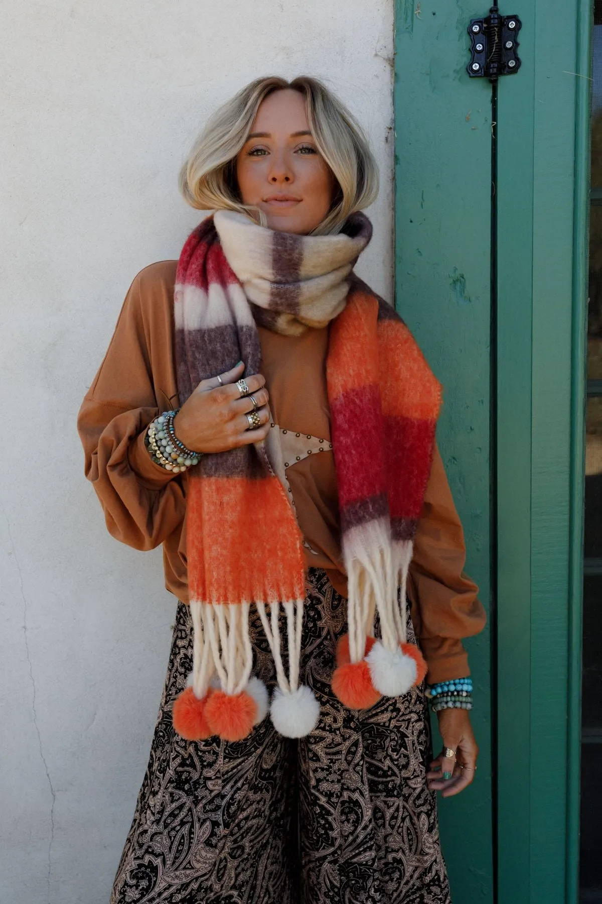 Chill Stripe Pom Scarf - Orange