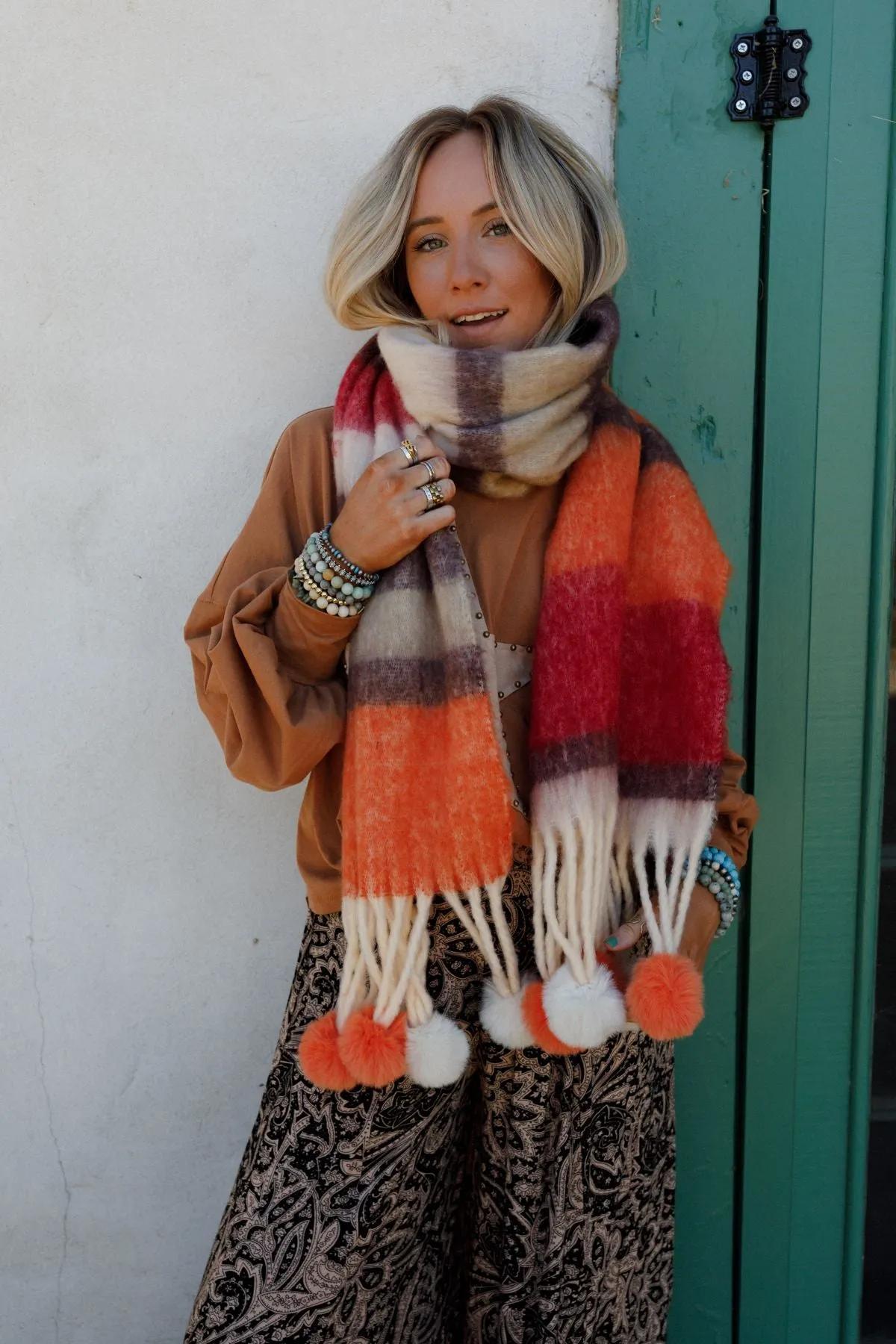 Chill Stripe Pom Scarf - Orange