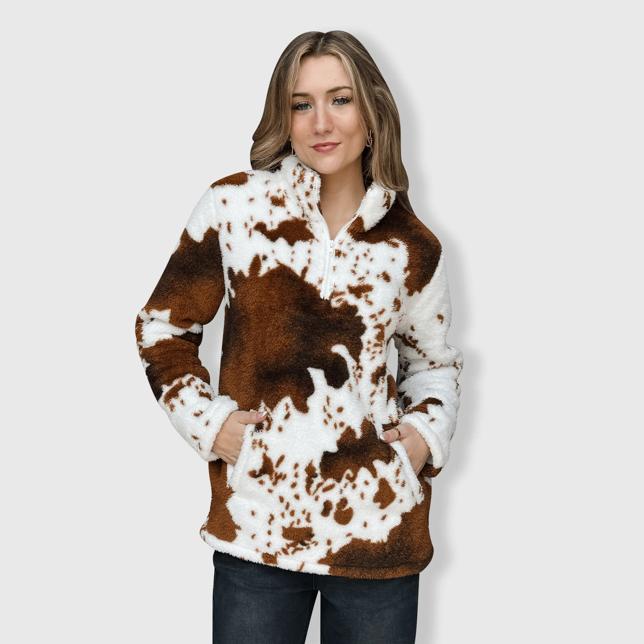 Cow Print Brown White Sherpa Pullover Women