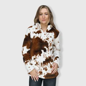 Cow Print Brown White Sherpa Pullover Women