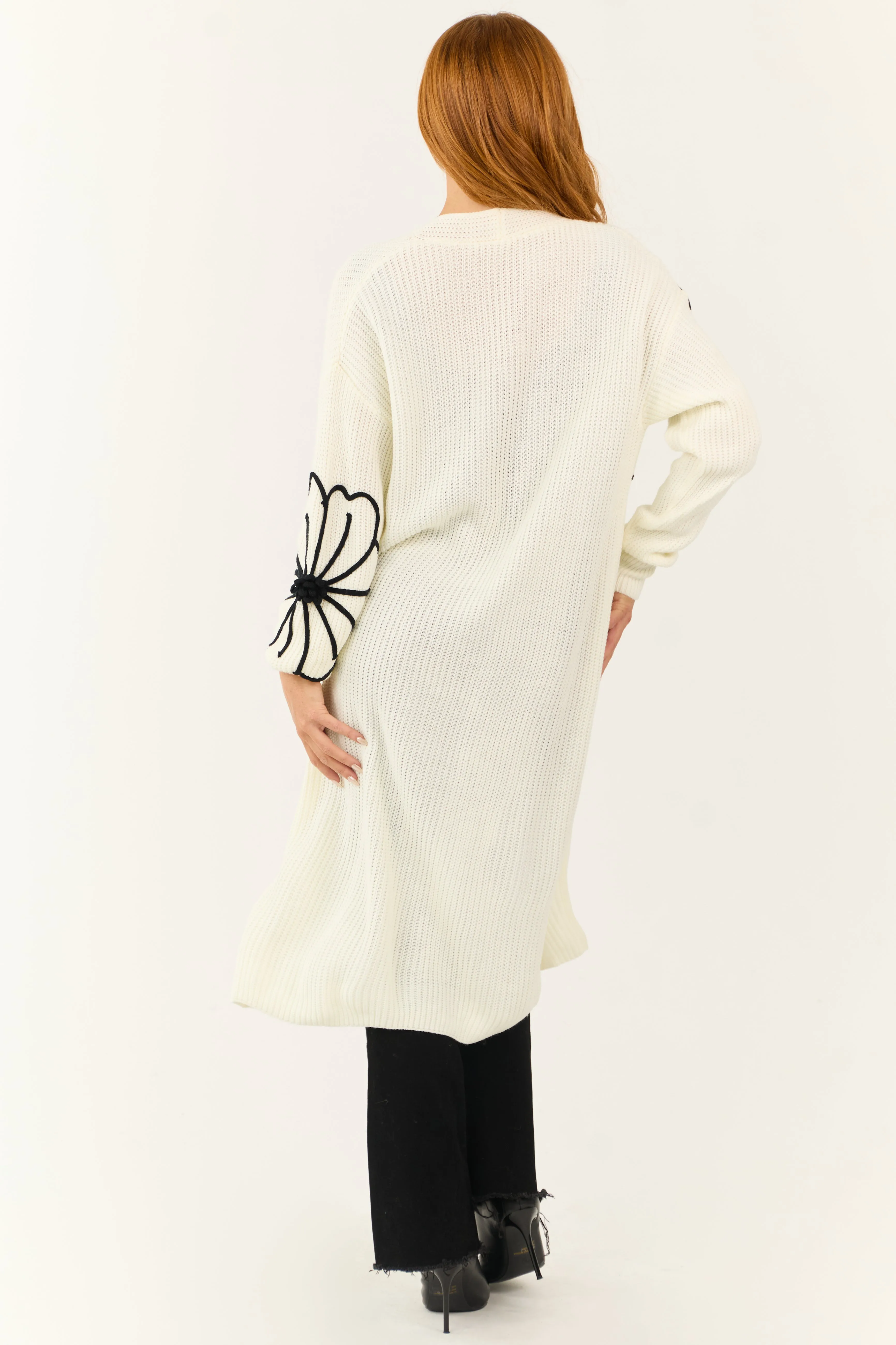 Cream Floral Detail Long Sleeve Knit Duster Cardigan