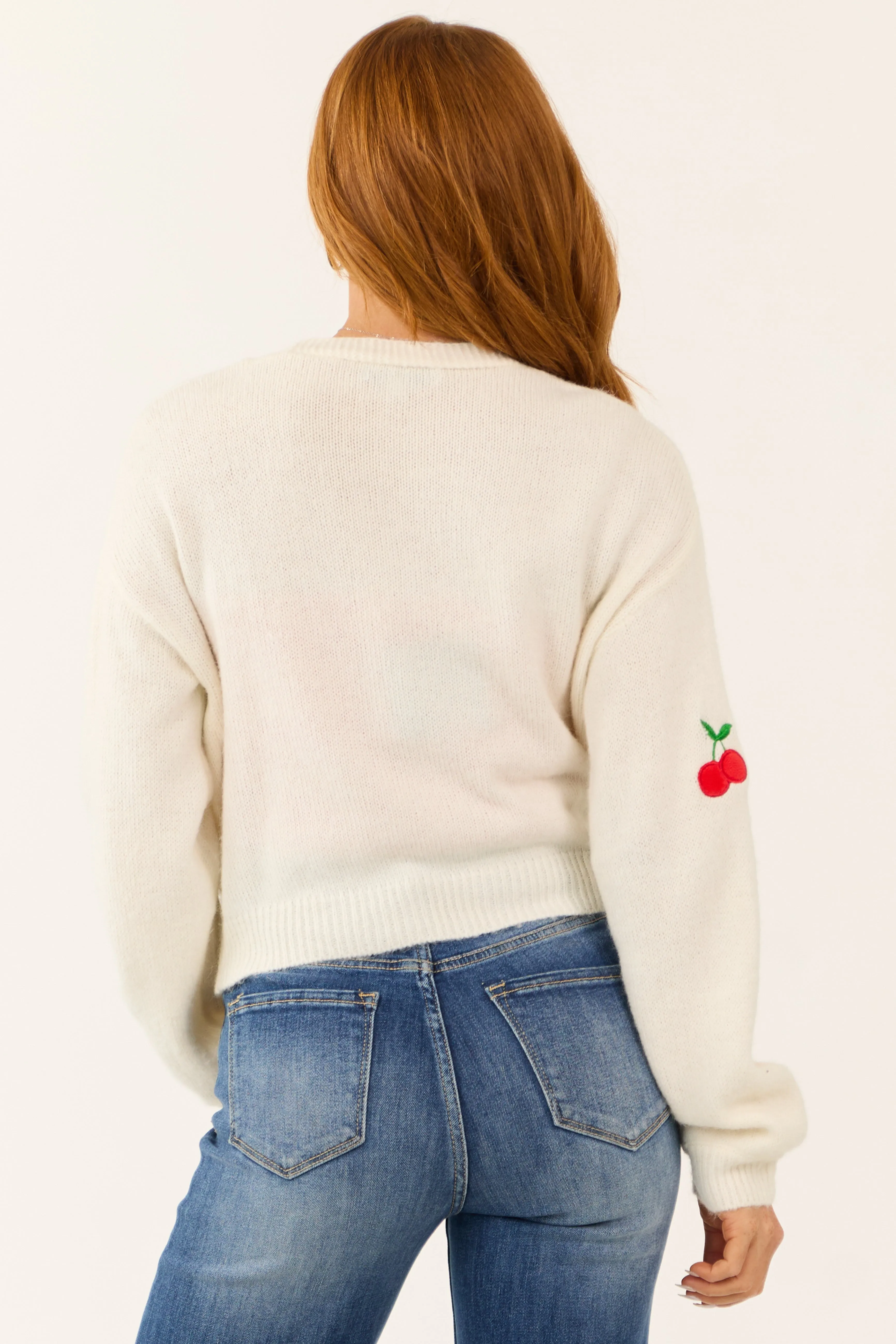 Cream Ribbed Knit Cherry Pattern Cardigan