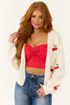 Cream Ribbed Knit Cherry Pattern Cardigan