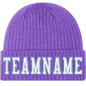 Custom Purple White-Light Blue Stitched Cuffed Knit Hat