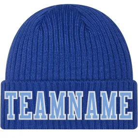 Custom Royal Light Blue-White Stitched Cuffed Knit Hat